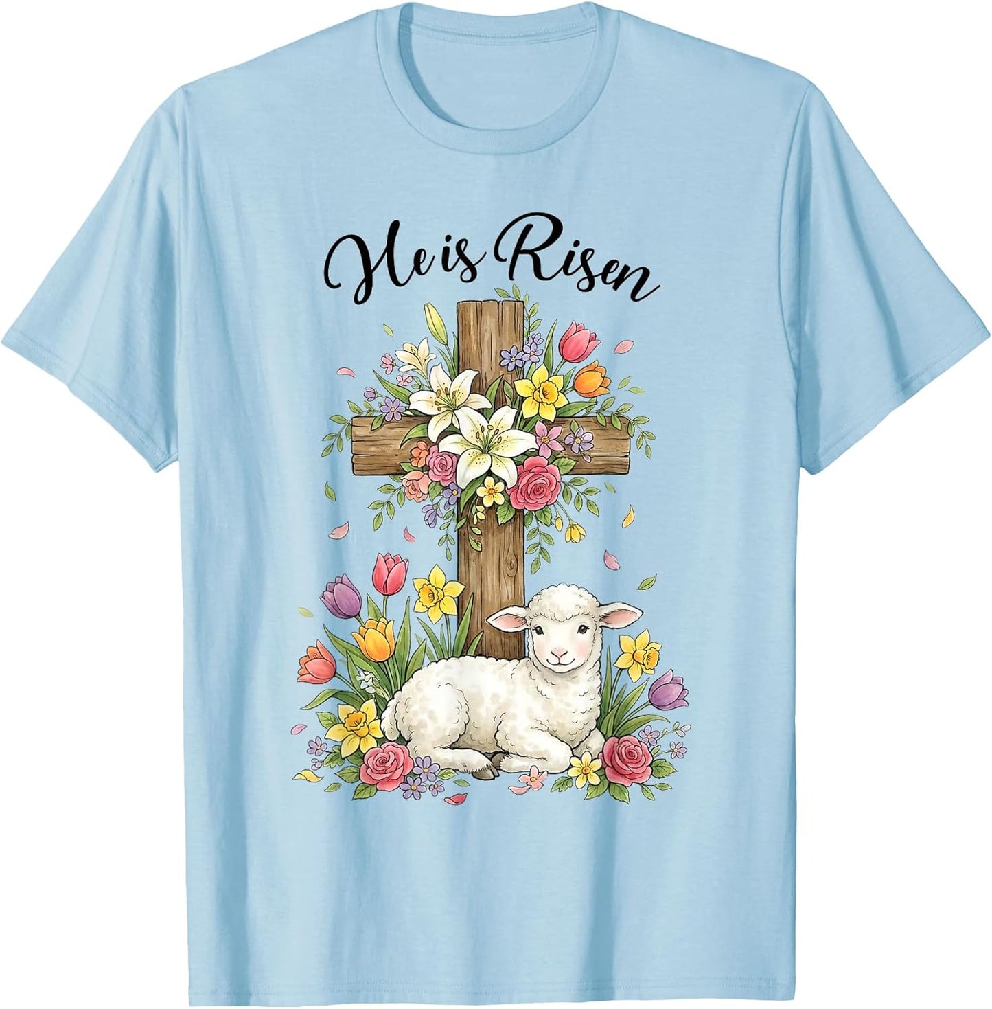 Christian He is Risen Floral Cross and Lamb Religious Easter T-Shirt