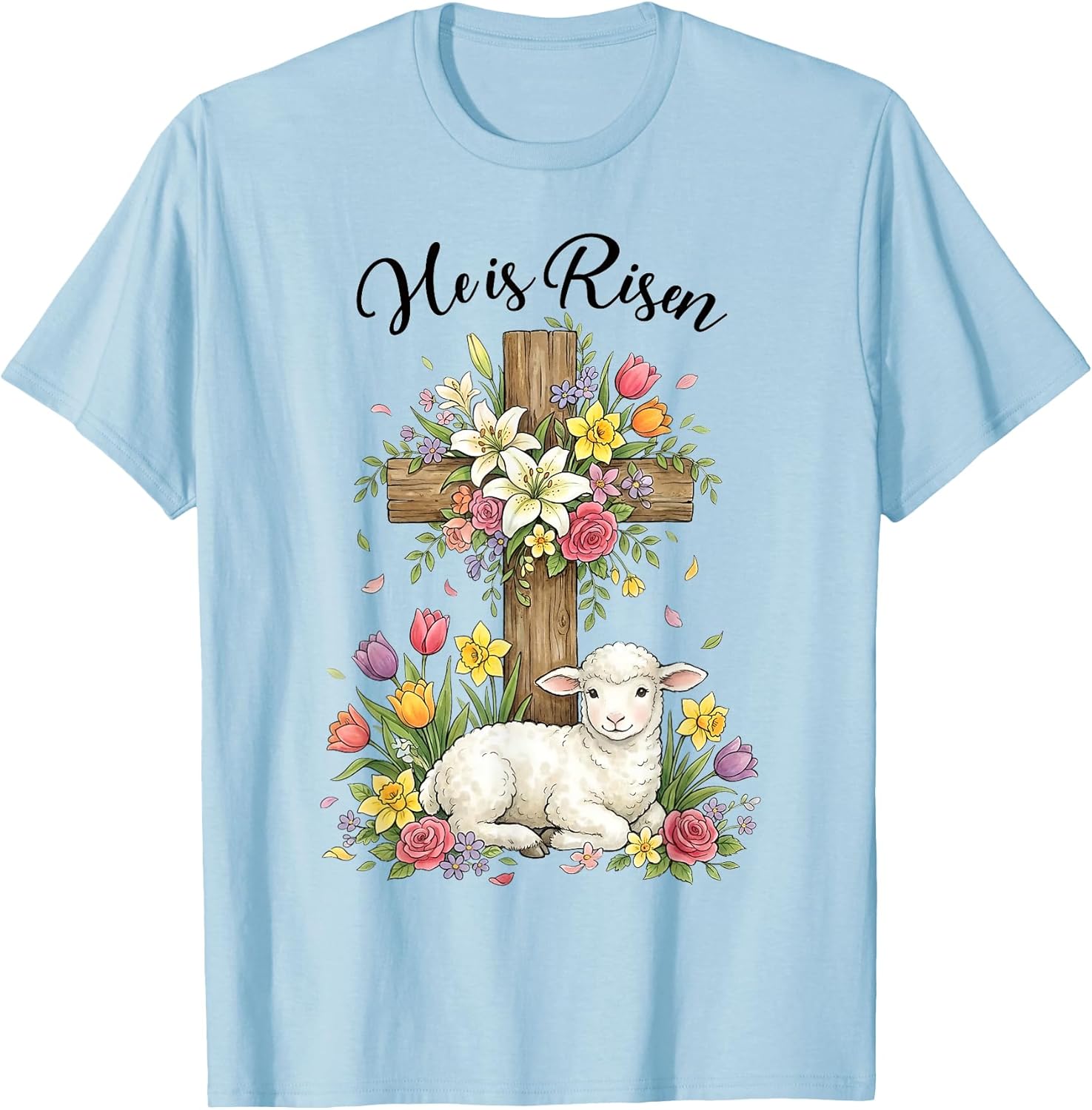 Christian He is Risen Floral Cross and Lamb Religious Easter T-Shirt