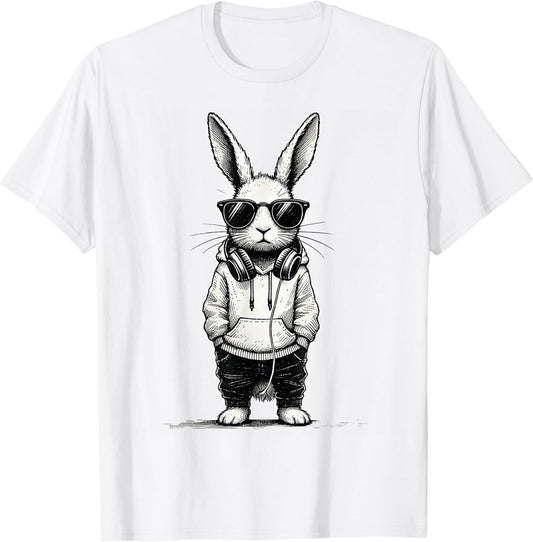 Bunny Face with Sunglasses Easter Day for Boys Men Music T-Shirt