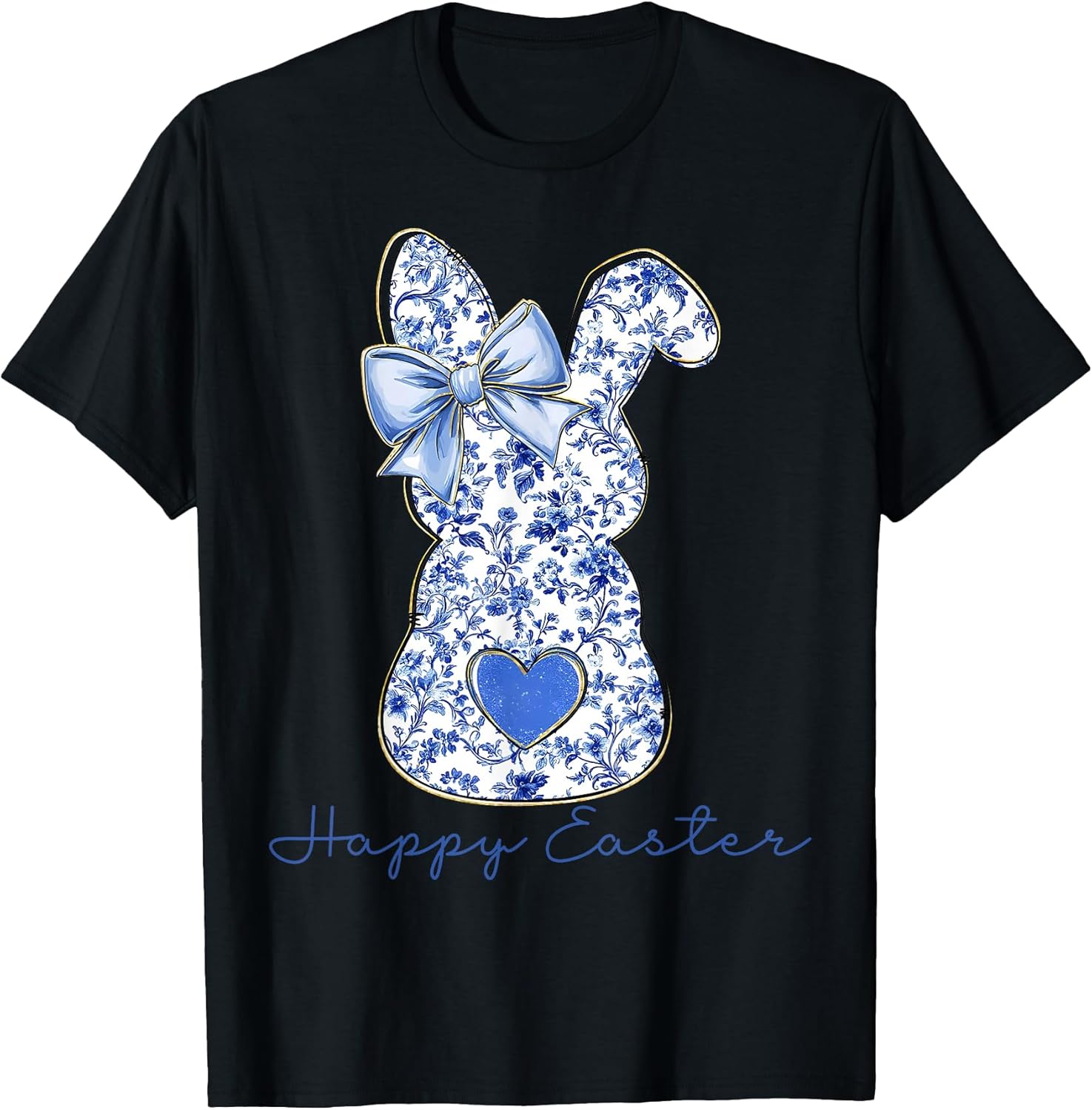Happy Easter Chinoiserie Floral Bunny Cute Blue Bow Coquette T-Shirt