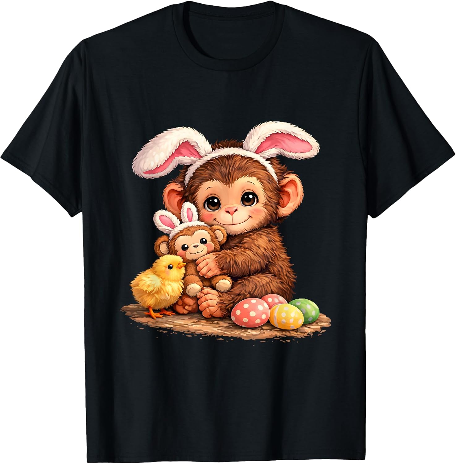 Cute Monkey Easter Bunny Chick Eggs Cartoon T-Shirt