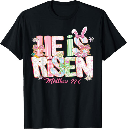 Happy Easter Bunny Couette Bow He is Risen Jesus Christian T-Shirt