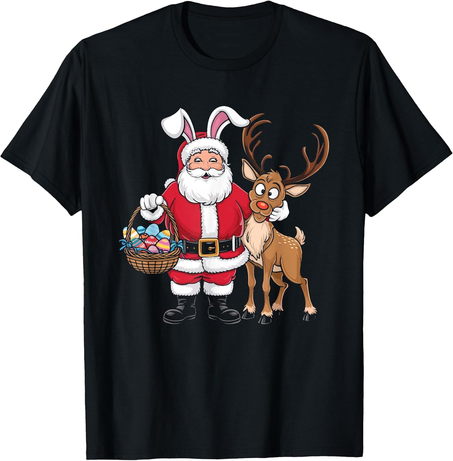 Funny Easter Santa Claus with Bunny Ears and Egg Basket T-Shirt