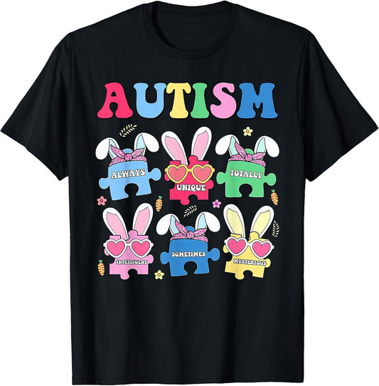 Retro Autism Awareness Puzzle Piece Bunny Ears Easter Day T-Shirt