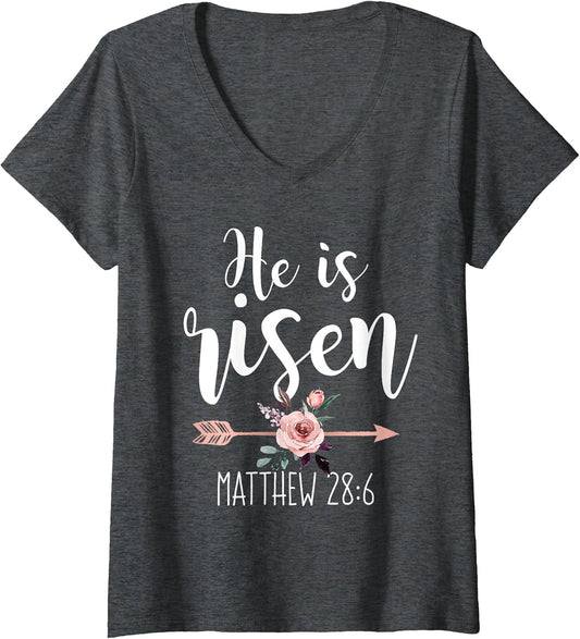 Womens He is Risen Floral Arrow Easter Christian Women Teen Girls V-Neck T-Shirt