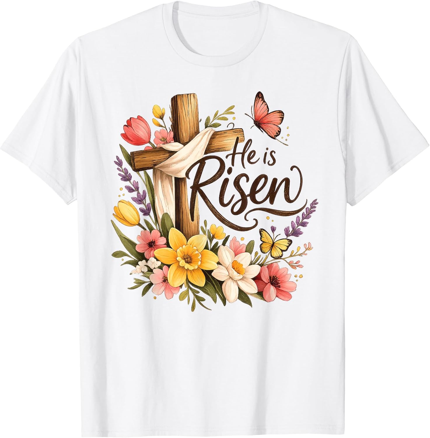 He is Risen Floral Cross Religious Easter Christian T-Shirt