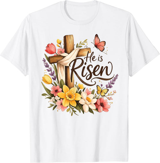 He is Risen Floral Cross Religious Easter Christian T-Shirt