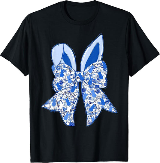 Chinoiserie Bunny Rabbit Vintage Blue And White Happy Easter T-Shirt