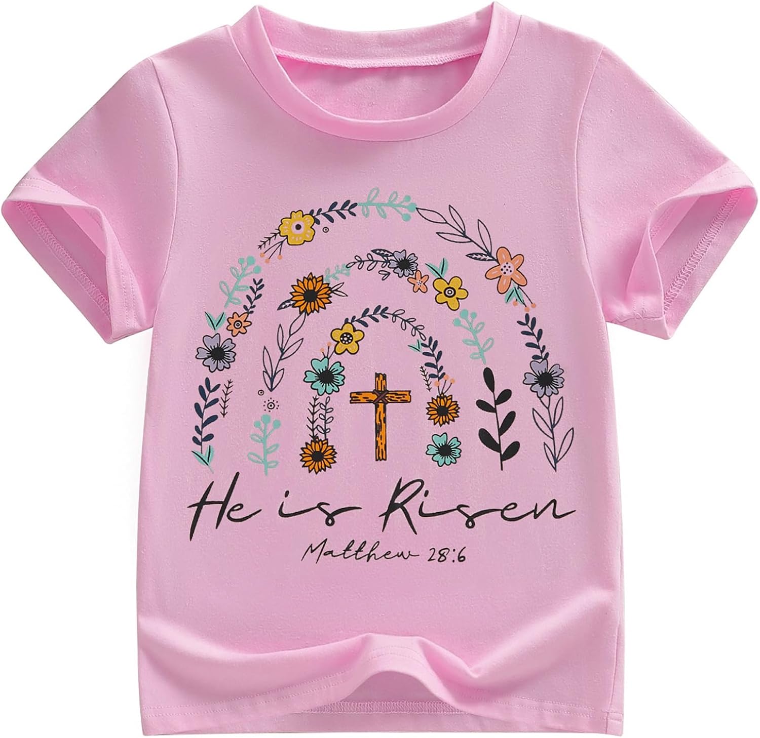 Kids Toddler Little Girls Easter Shirt He is Risen Bible Verse Christian Flowers Cross Religious T-Shirt