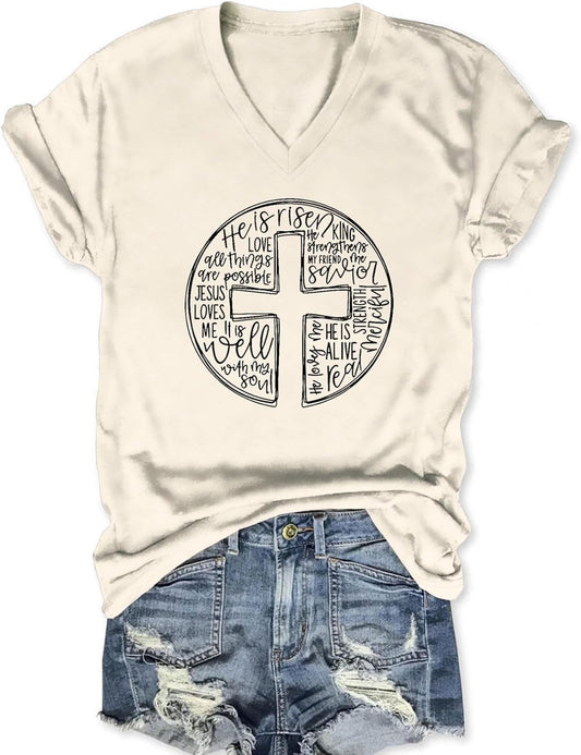 Women's Christian Shirts Jesus Faith Cross Graphic V-Neck T Shirt Easter Religious Sayings Inspirational Tee Tops