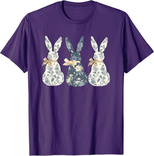 Floral Blue Bunny Cute Happy Easter Day Coquette Bow Flower T-Shirt