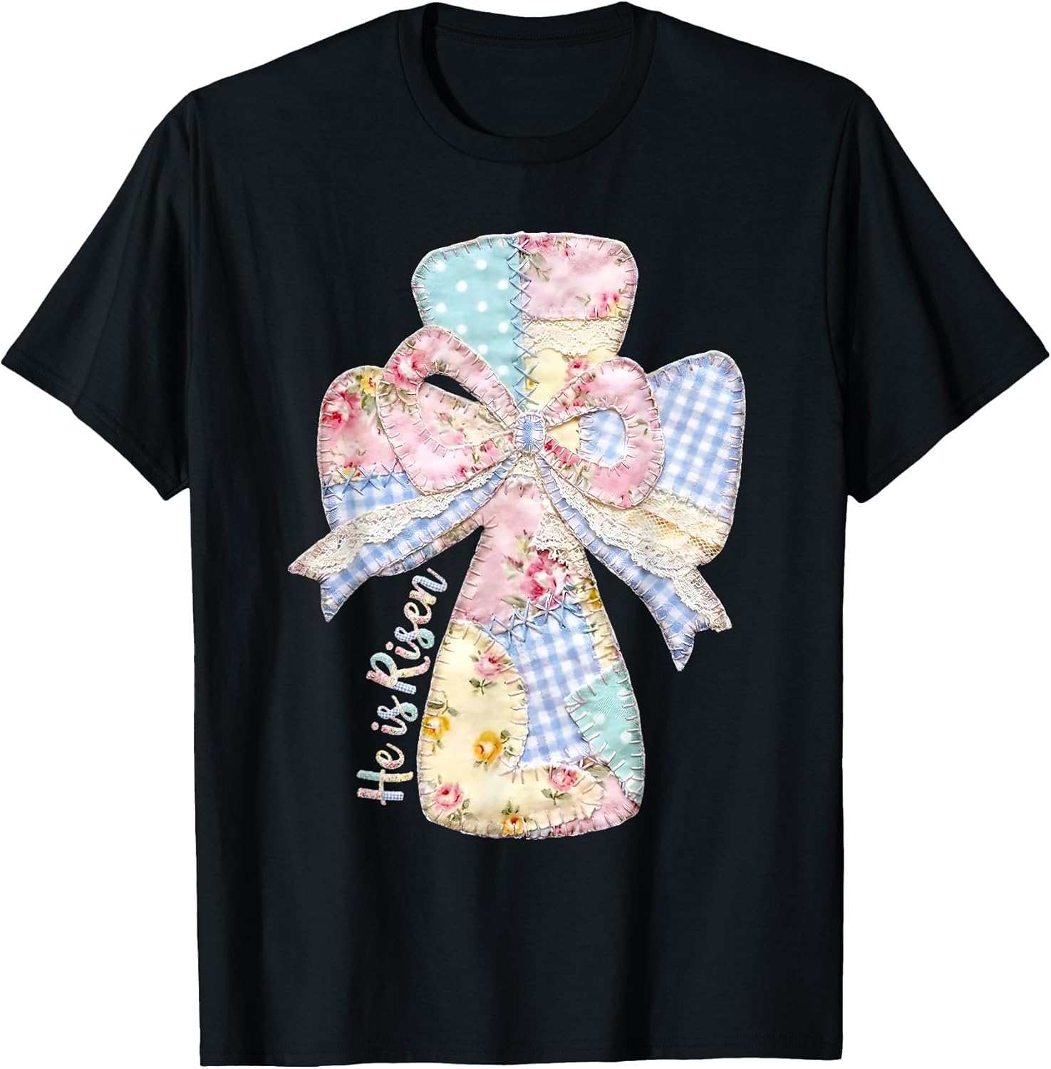 He is Risen Happy Easter Day Jesus Christian Cross Patchwork T-Shirt
