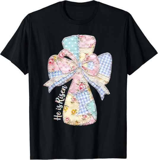 He is Risen Happy Easter Day Jesus Christian Cross Patchwork T-Shirt