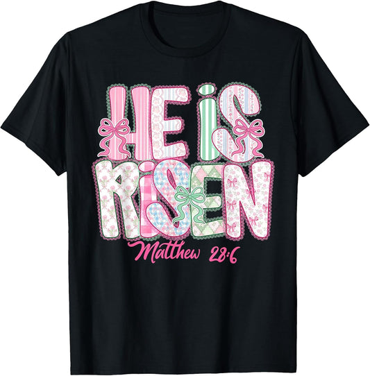 He is Risen Coquette Bow Happy Easter Jesus Christian Cross T-Shirt