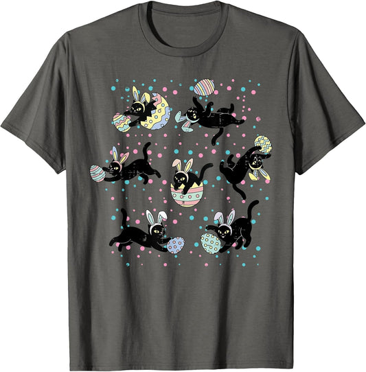 Easter Black Cat Poses Bunny Ears Eggs Cute Girls Kids Women T-Shirt