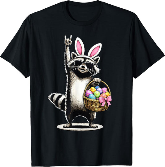 Rock On Easter Raccoon Bunny Ears Eggs Basket T-Shirt