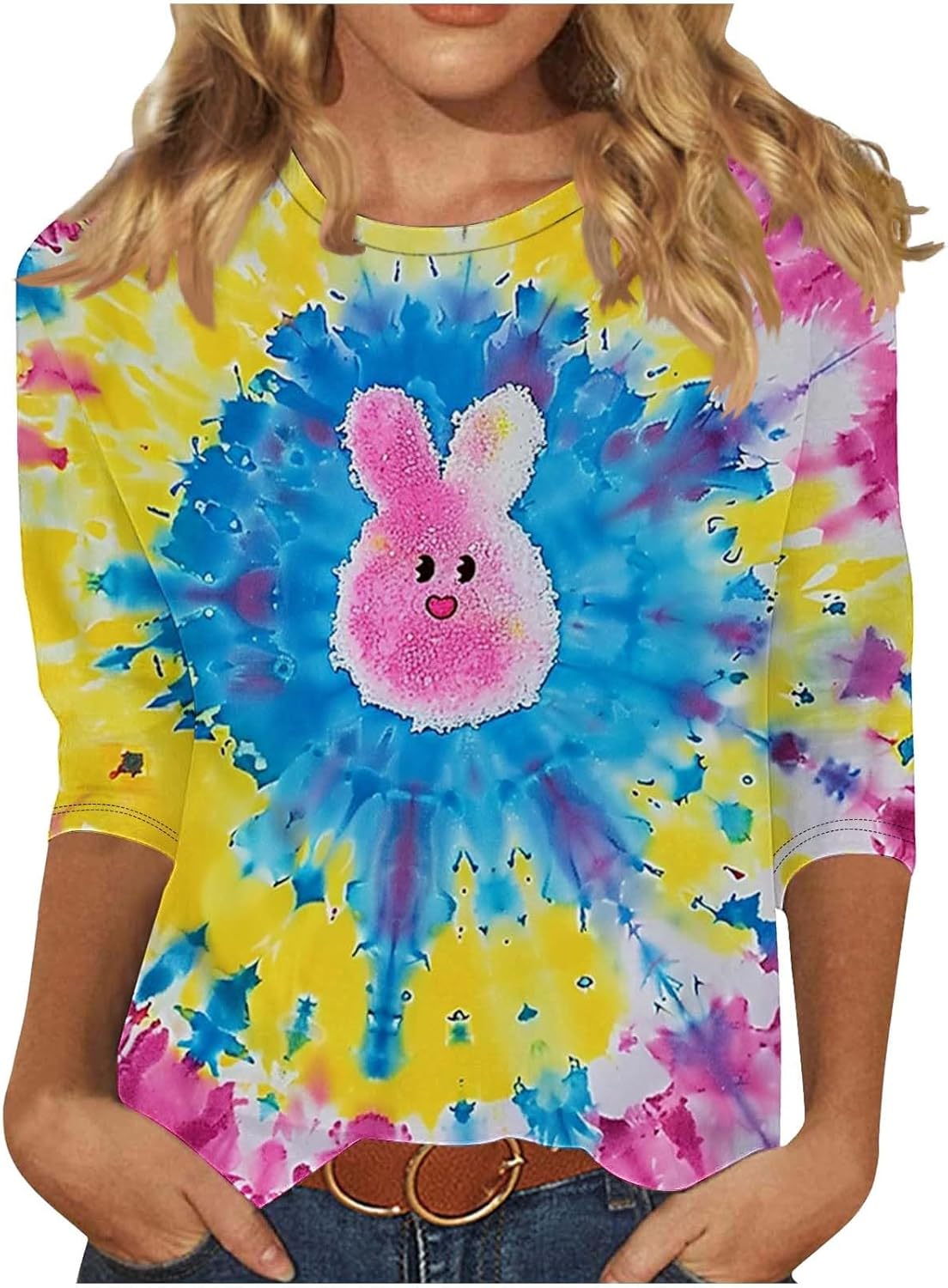 Women's Happy Easter Shirt 3/4 Sleeve Funny Tops Rabbit Graphic Colored Eggs Print Tee T-Shirts Easter Day Gifts