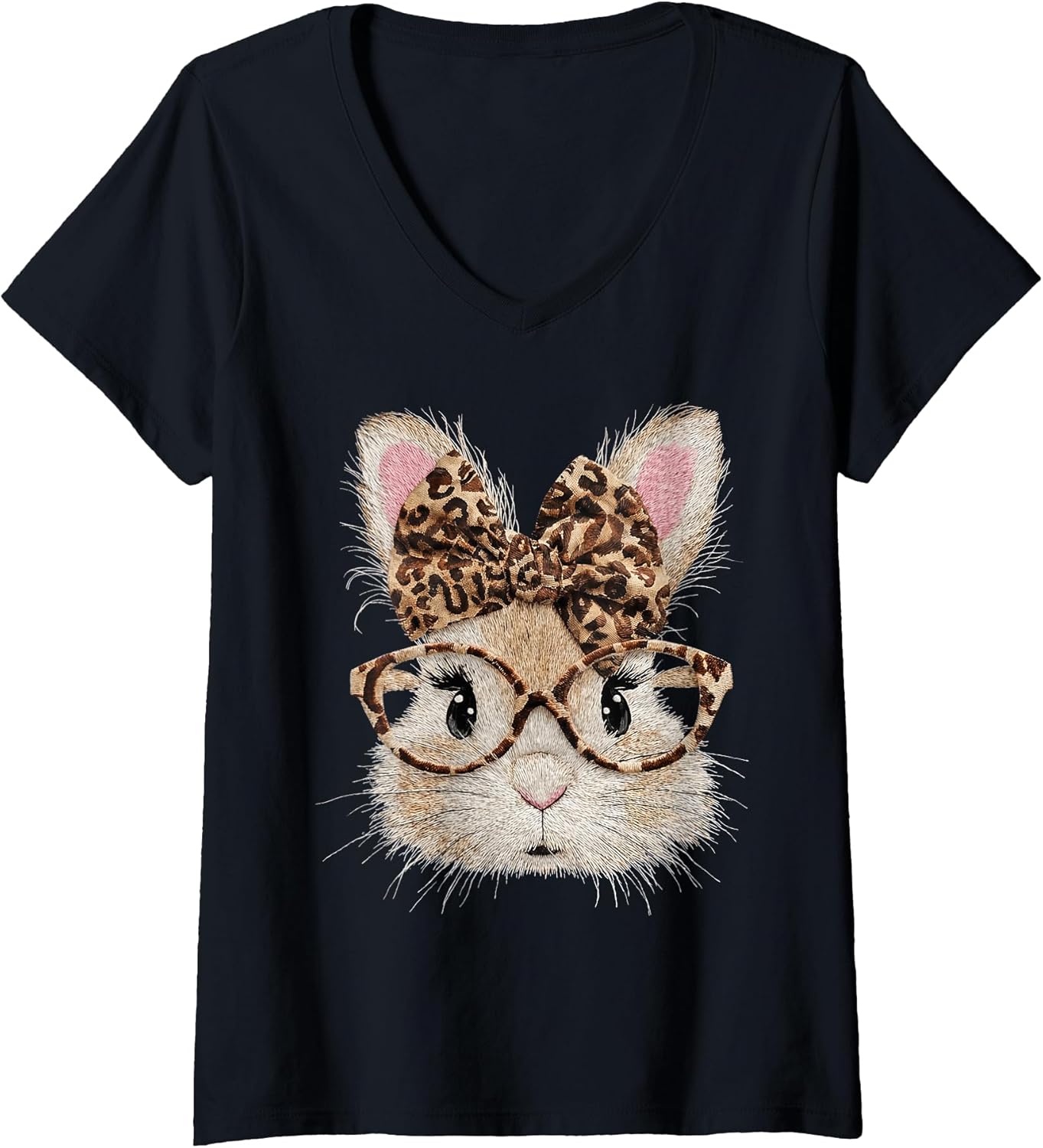 Women's Cute Bunny Rabbit Face Leopard Coquette Bow Glasses Easter V-Neck T-Shirt