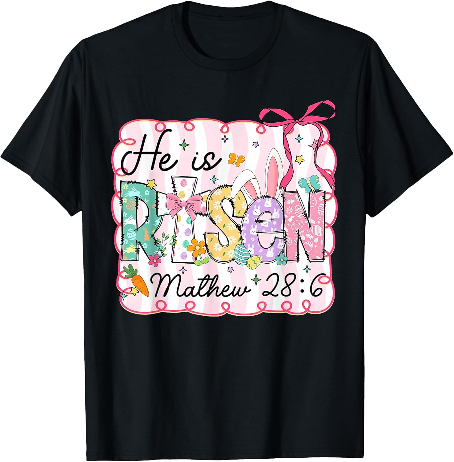 Easter Preppy He is Risen Cross Bow Christian Women Girls T-Shirt