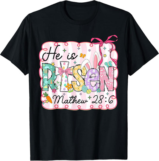Easter Preppy He is Risen Cross Bow Christian Women Girls T-Shirt