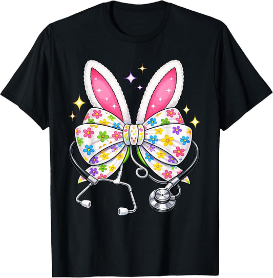 Nurses Coquette Bow Stethoscope Bunny Ears Easter Day Women T-Shirt