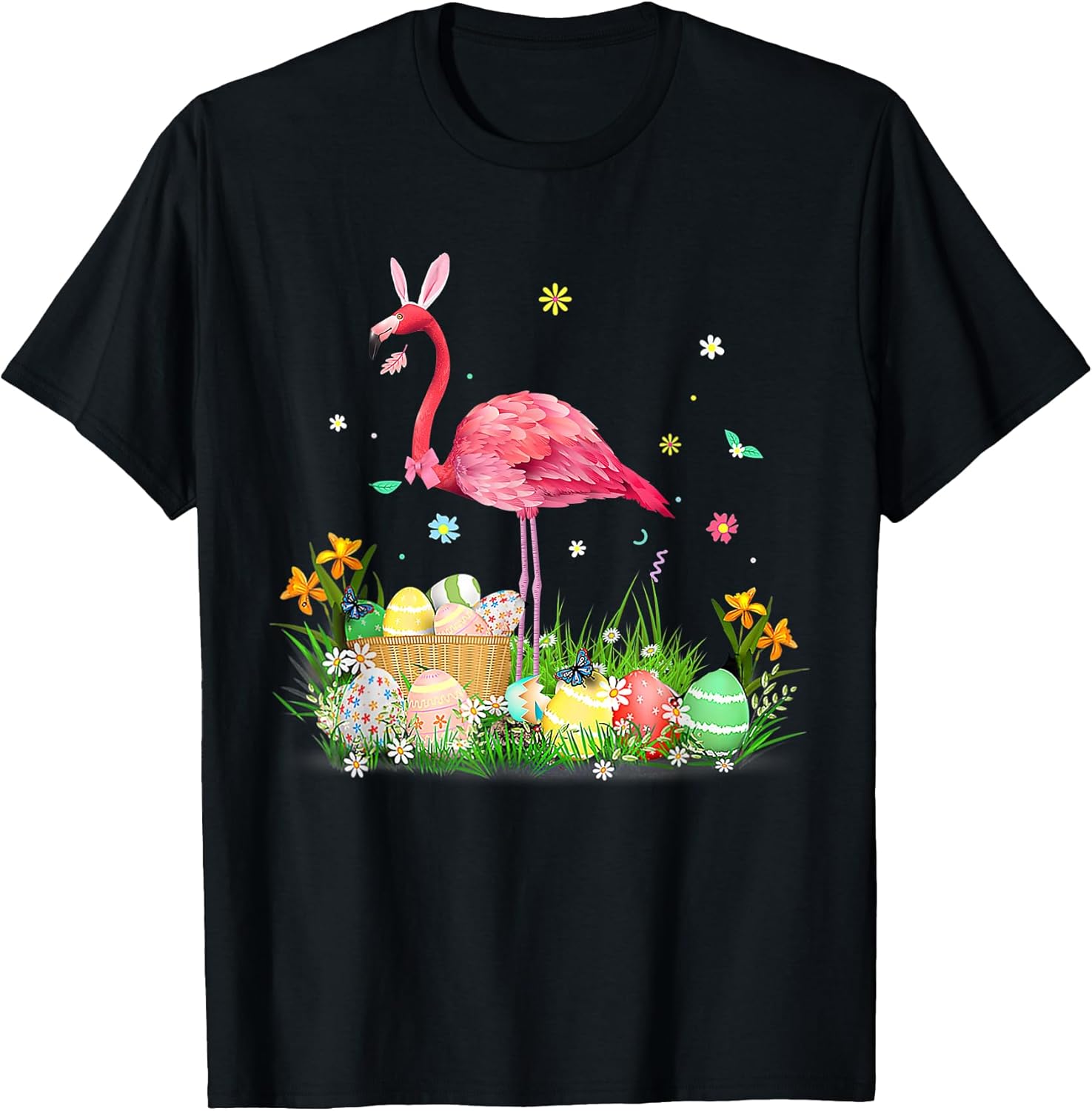 Cute Flamingo Fun Easter Day Lover Egg Hunt Flower Butterfly T-Shirt