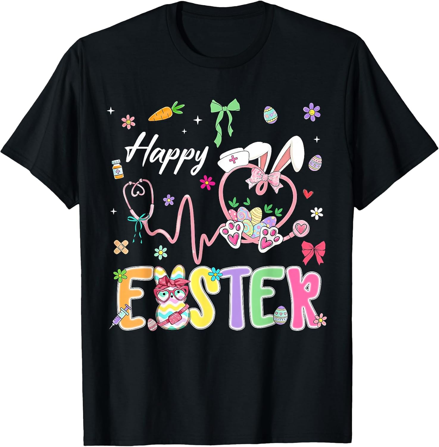 Happy Easter Nursing Bunny Ear Nurse Stethoscope Heart Women T-Shirt