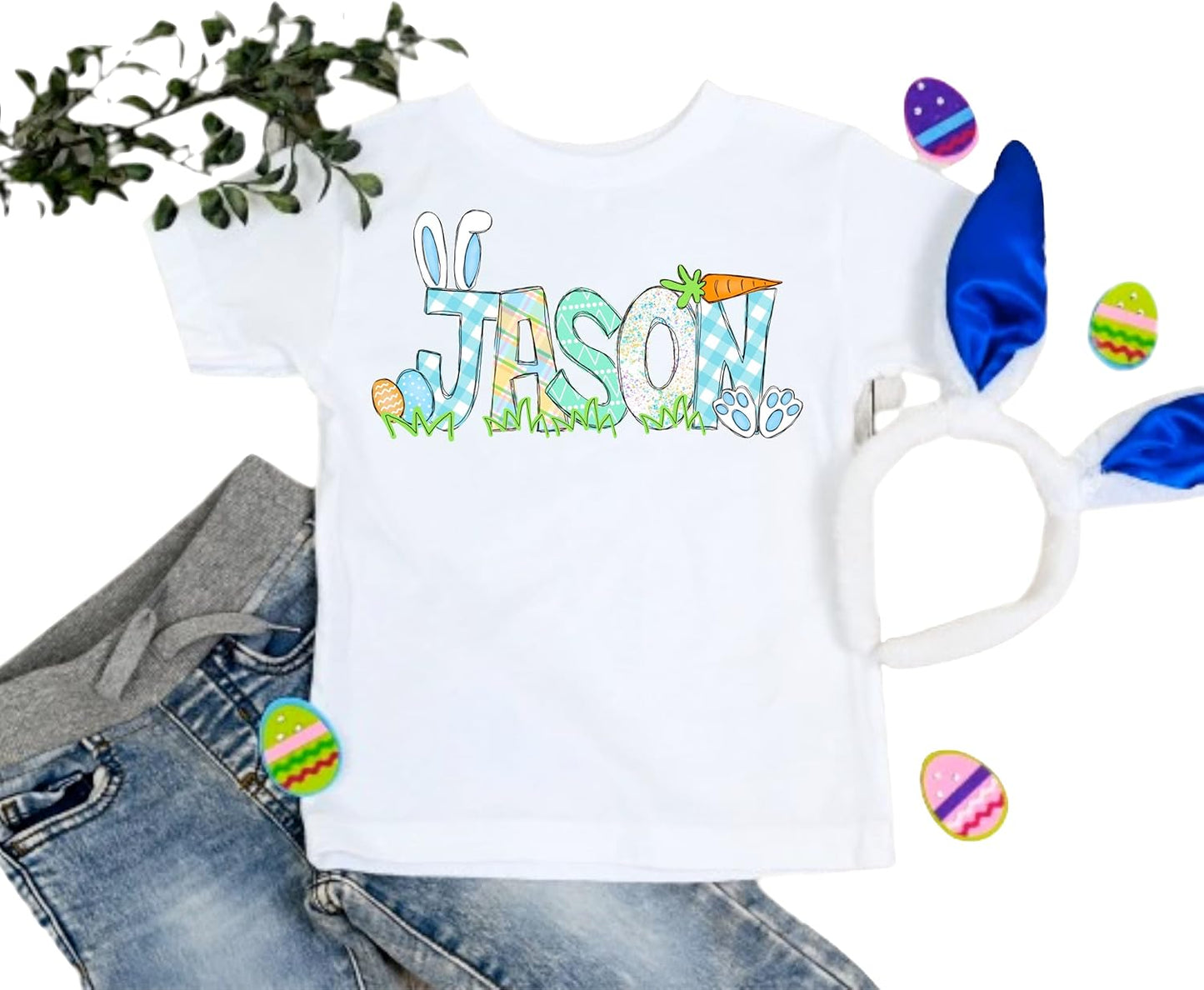 Custom/Personalized T-Shirt Easter Bunny Ears Cute Pastel Egg Carrot Boy Shirt White