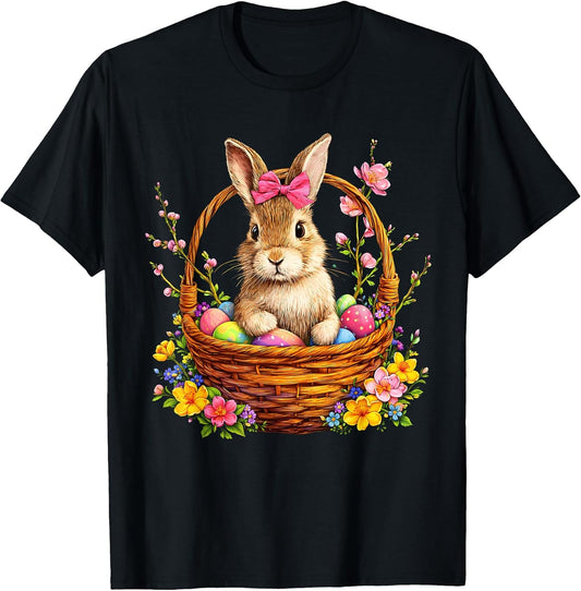 Happy Easter Day Bunny Basket Floral Retro Women Kids T-Shirt