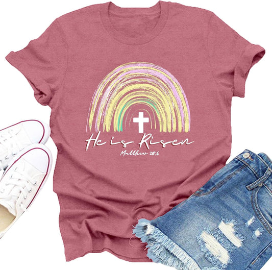Christian Shirts for Women He is Risen T-Shirt Cross Rainbow Jesus Faith Tee Tops