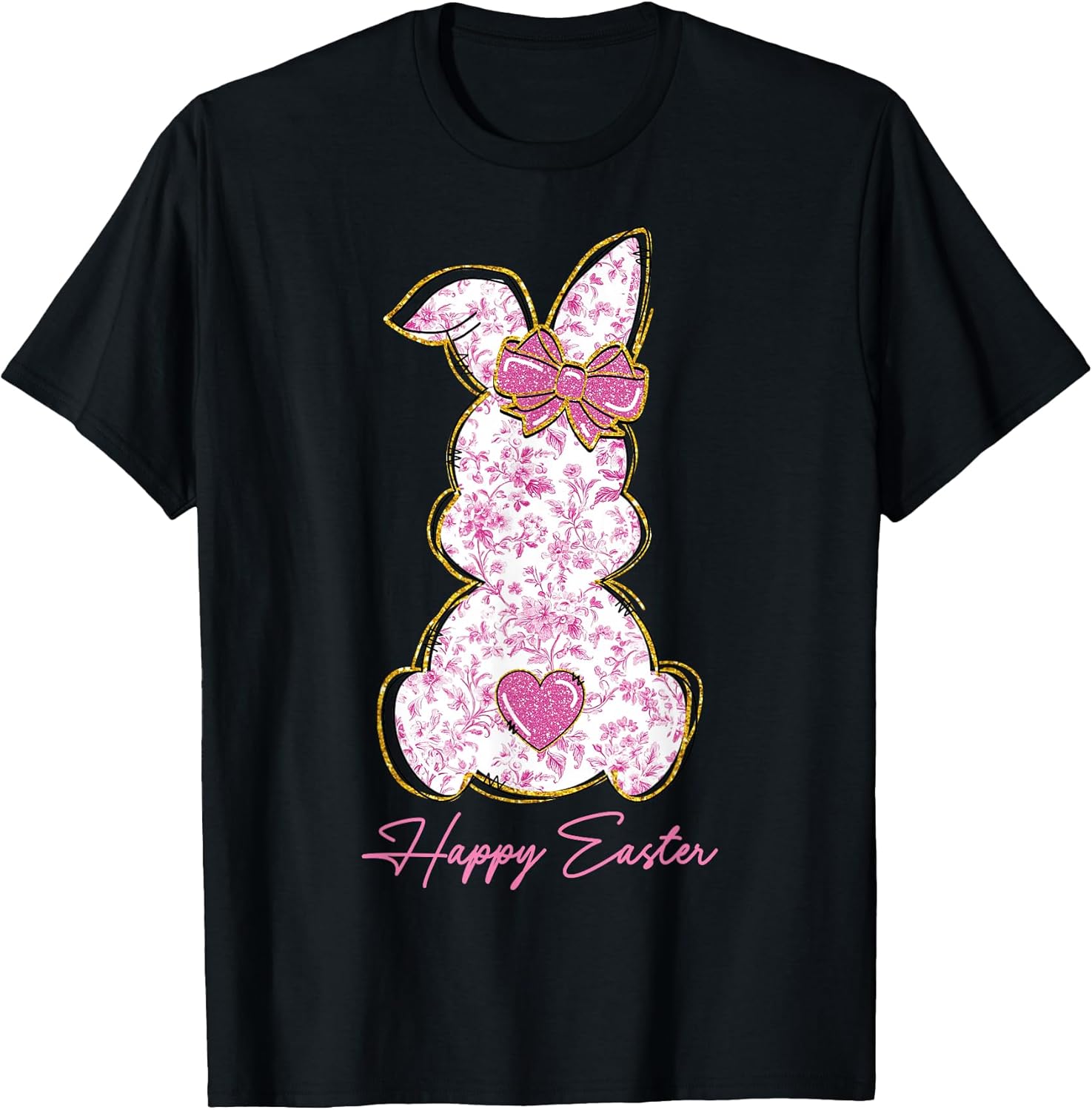 Happy Easter Bunny Girls Easter Women Pink Floral Coquette T-Shirt