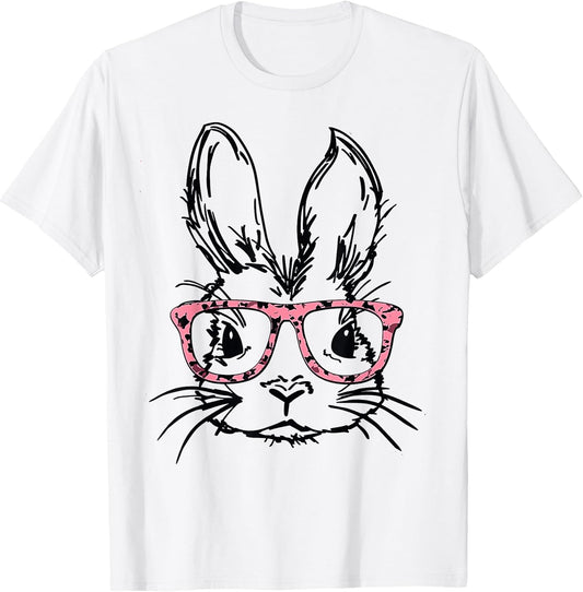 Cute Bunny With Glasses Leopard Print Easter Bunny Face T-Shirt