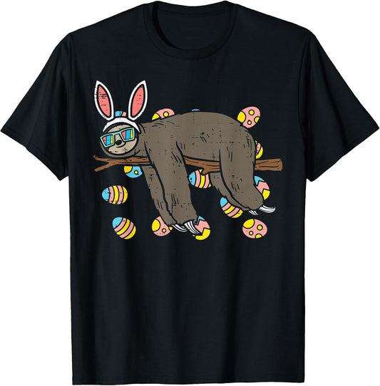 Sloth Bunny Ears Glasses Eggs Lazy Easter Day Animal Lover T-Shirt
