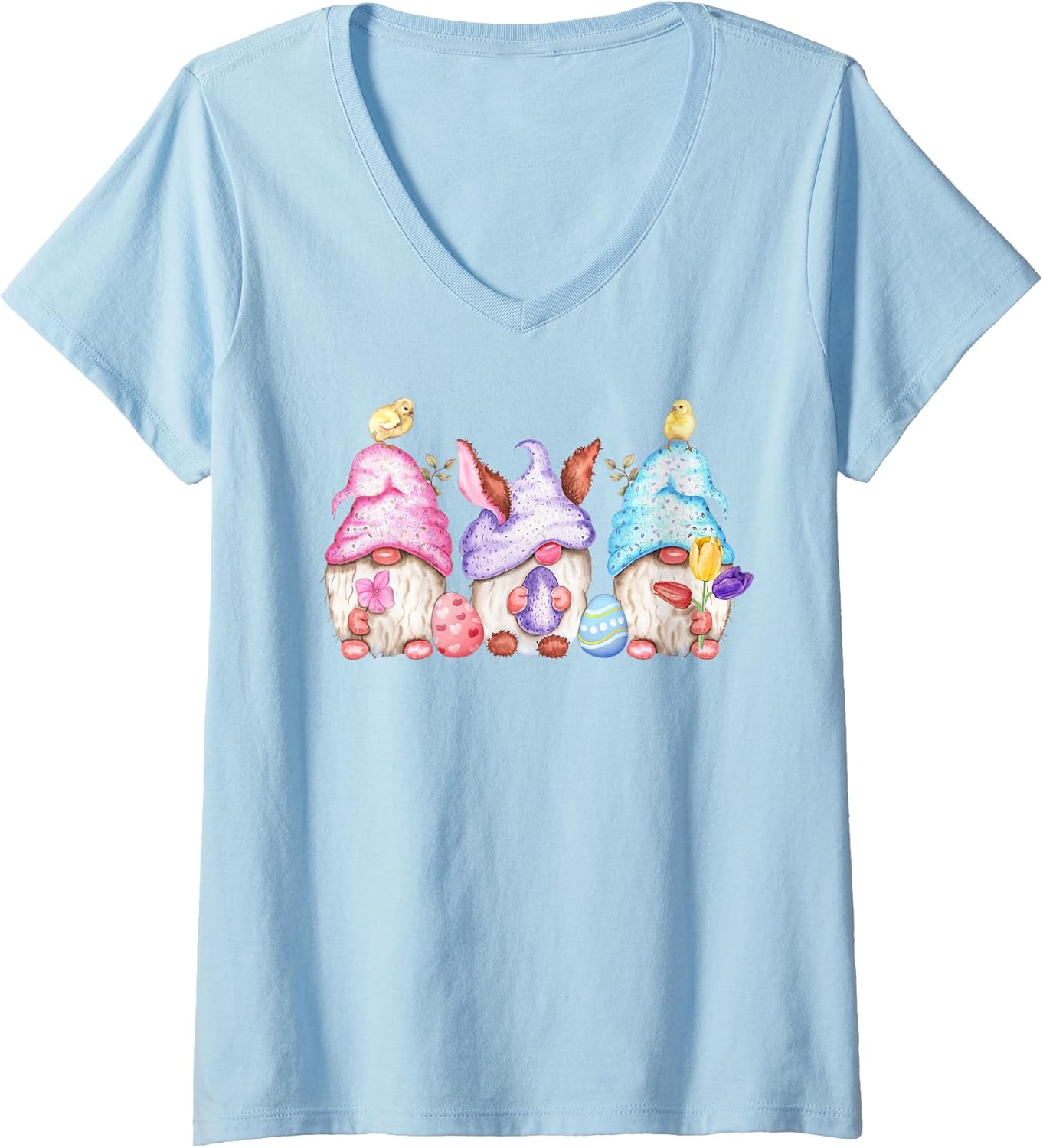Womens Cute Easter Gnomes Easter Eggs Baby Chicks Easter V-Neck T-Shirt