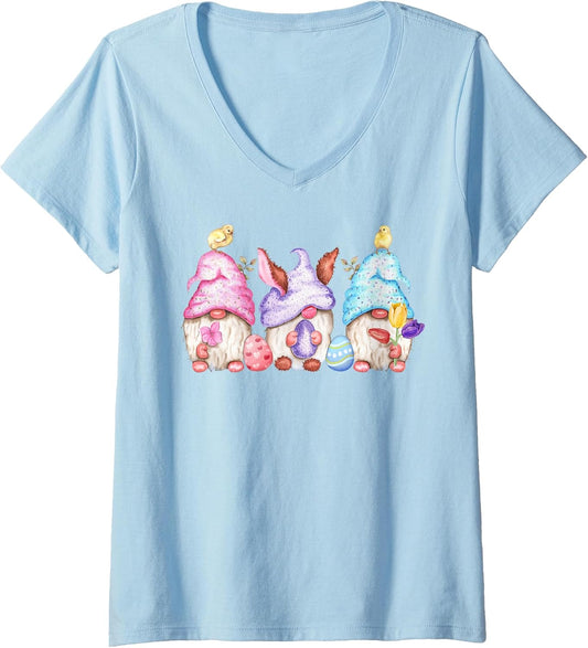 Womens Cute Easter Gnomes Easter Eggs Baby Chicks Easter V-Neck T-Shirt