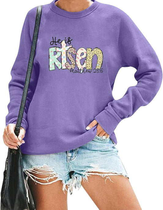 Easter Sweatshirt for Women He is Risen Long Sleeve Shirt Casual Faith Bible Verse Easter Gift Pullover Tops