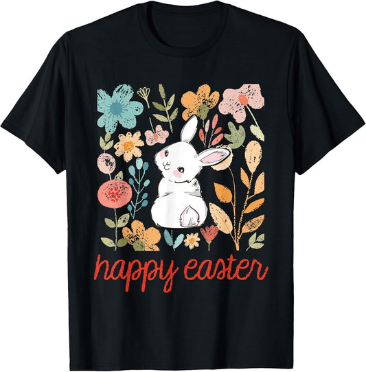 Happy Easter Bunny Floral Flower Vintage Rabbit Womens Girls T-Shirt