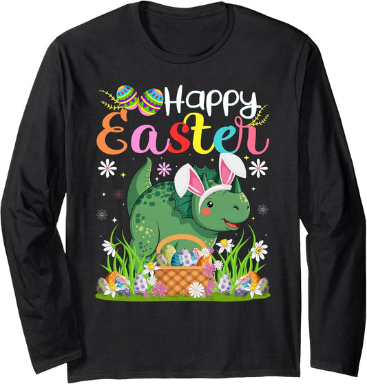 Triceratops Happy Easter Egg Hunt Bunny Ear Dinosaur Easter Long Sleeve T-Shirt