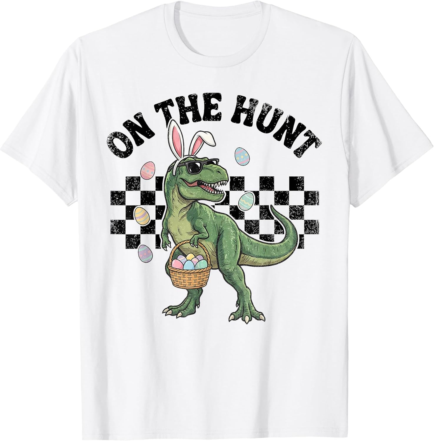 On The Hunt Easter Day Dinosaur Bunny Ears Eggs Basket T-Shirt