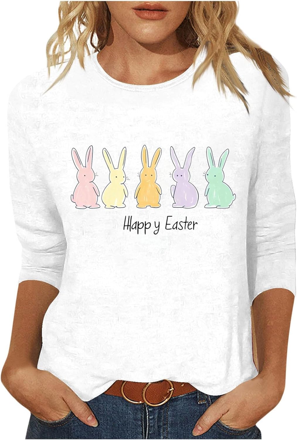 Women's Cute Easter Shirts Funny Bunny Rabbit Print Easter Day T-Shirt Blouse 3/4 Sleeve T-Shirt Tunic Tops