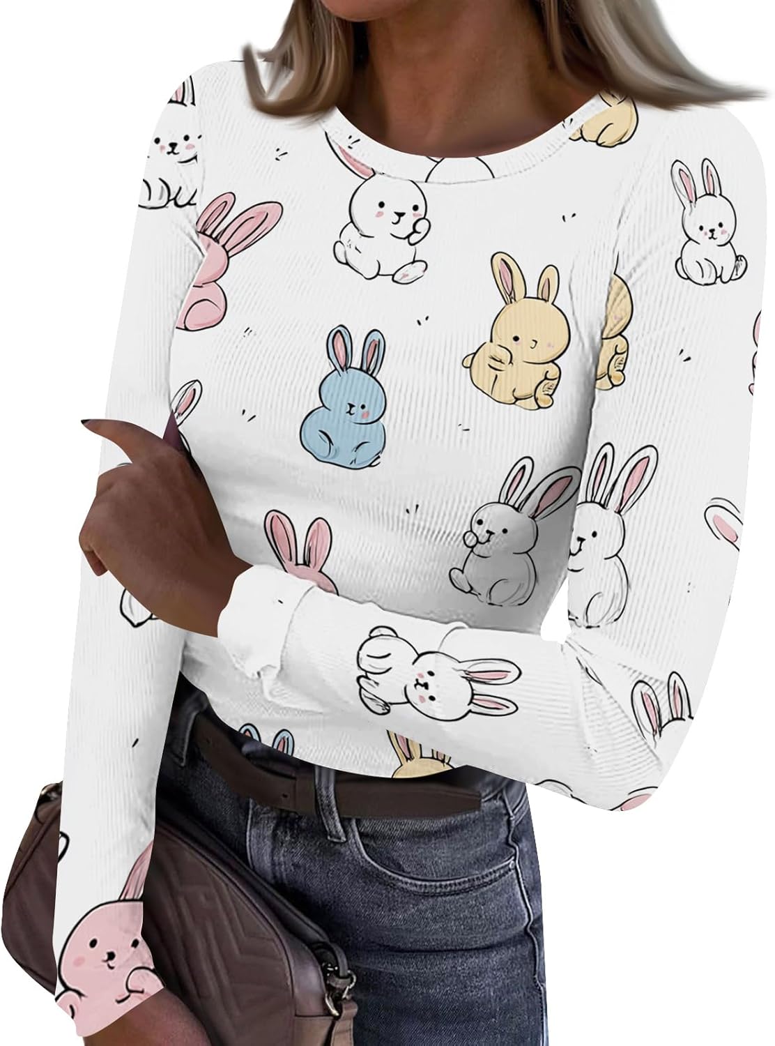 Easter Long Sleeve Shirts for Women Cute Ribbed Easter Day Tops Spring Tight Rabbit Bunny Patterned Going Out Tops