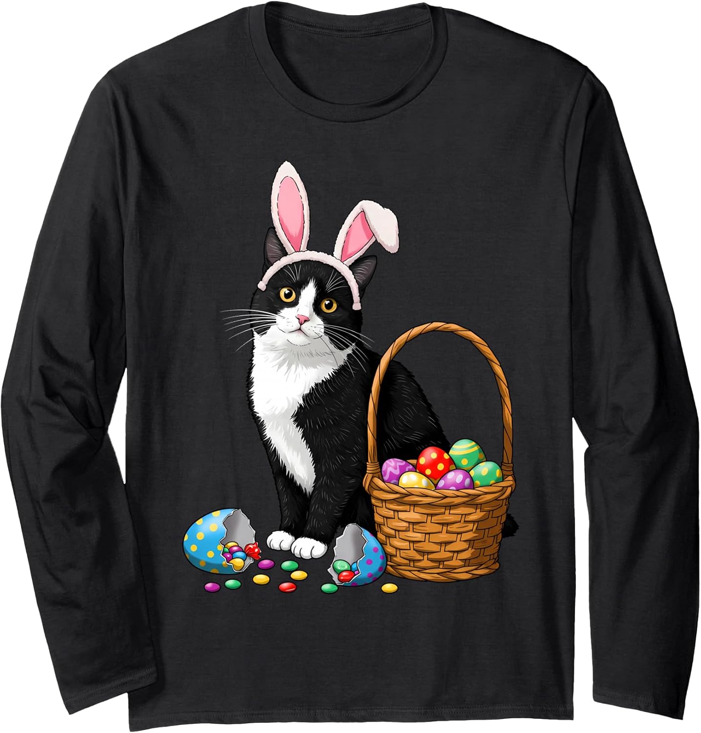 Easter Day Cat Bunny Ears Eggs Graphic Men Women Kids Funny Long Sleeve T-Shirt