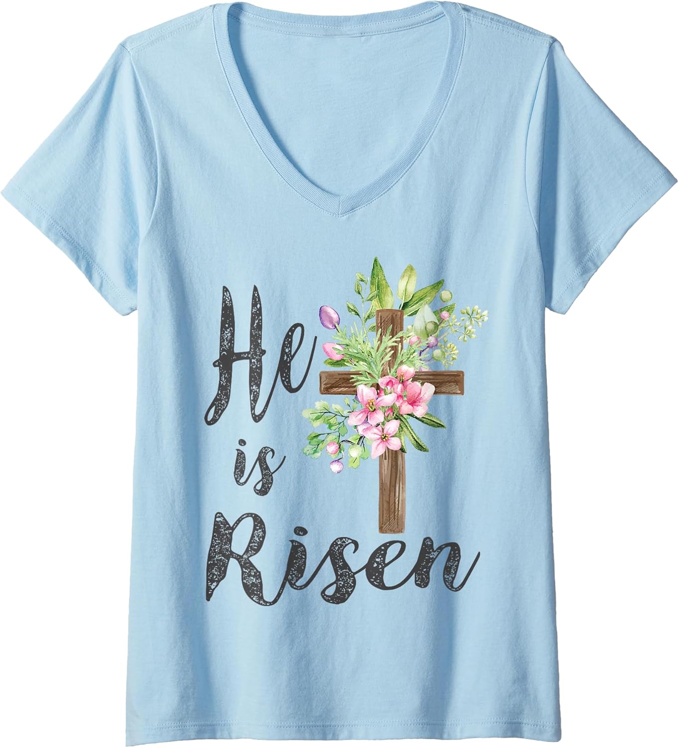 Womens He is Risen Floral Cross Vintage Happy Easter V-Neck T-Shirt