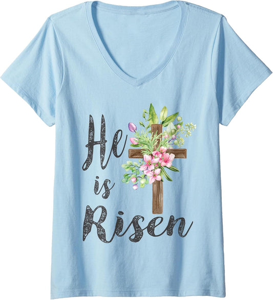 Womens He is Risen Floral Cross Vintage Happy Easter V-Neck T-Shirt