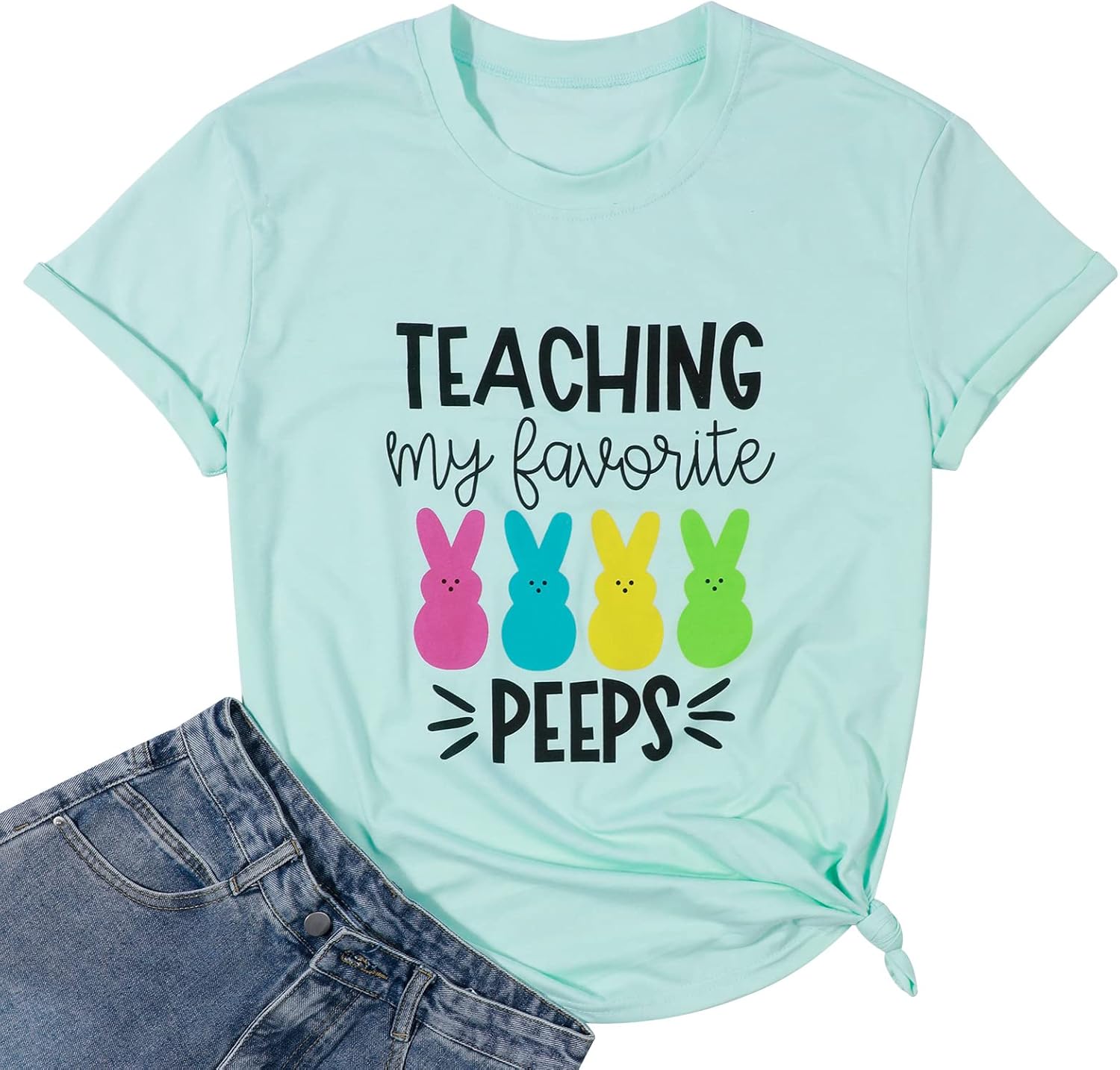Easter Teacher Shirt Womens Teaching My Favorite Peeps Shirts Funny Rabbit Bunny Graphic Tee Casual Letter Print Tops