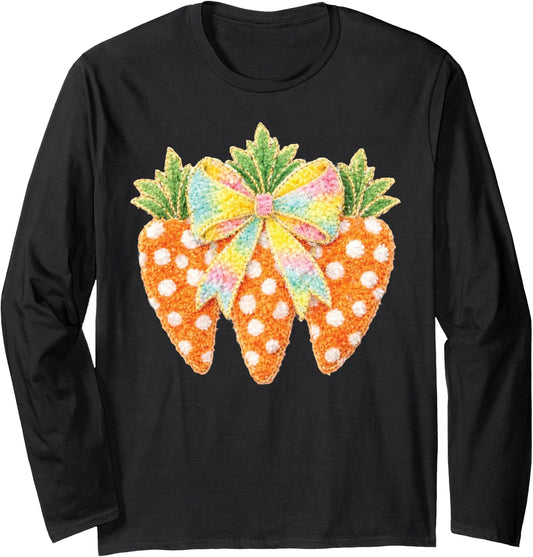 Cute Easter Carrot Bow Pastel Kawaii Bunny Spring Plush Art Long Sleeve T-Shirt