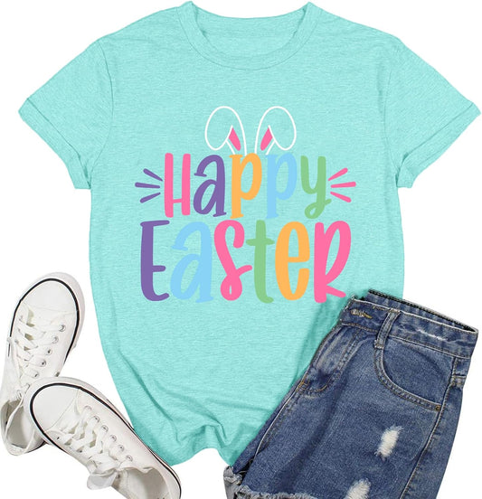 Easter Shirts for Women Happy Easter T-Shirt Cute Bunny Rabbit Tee Tops