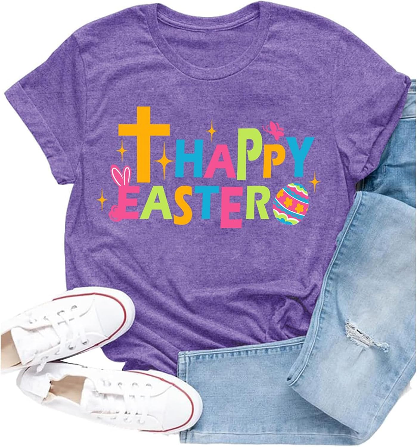 Christian Easter Shirts for Women Happy Easter T-Shirt Cross Bunny Egg Print Faith-Based Tee Tops