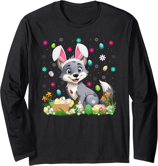 Wolf Easter Egg Hunt Bunny Ear Wolf Happy Easter Long Sleeve T-Shirt