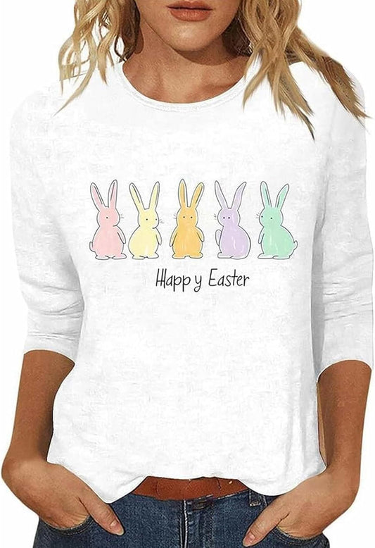 Easter Shirts for Women Bunny Egg Graphic Tees Cute Festival Outfits 3/4 Sleeve Tops Funny Cotton T-Shirt Gifts 2026